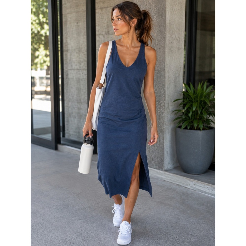 Beyond Yoga XS Spacedye Midi Dress Night City Navy V-Neck Side Slit SD6205